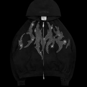 BLADE RHINESTONE ZIP BLACK HOODIE